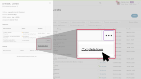 Document requests page in Xello. The side panel is open with a student's list of requests. The cursor has clicked the three-dot menu next to Teacher evaluation and is selecting Complete form.